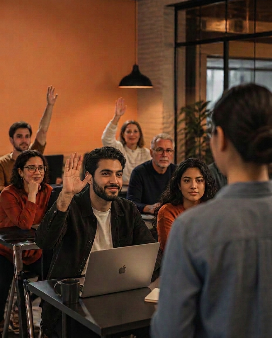 Diverse professionals in a workshop raising hands and asking questions to a woman teaching at the front