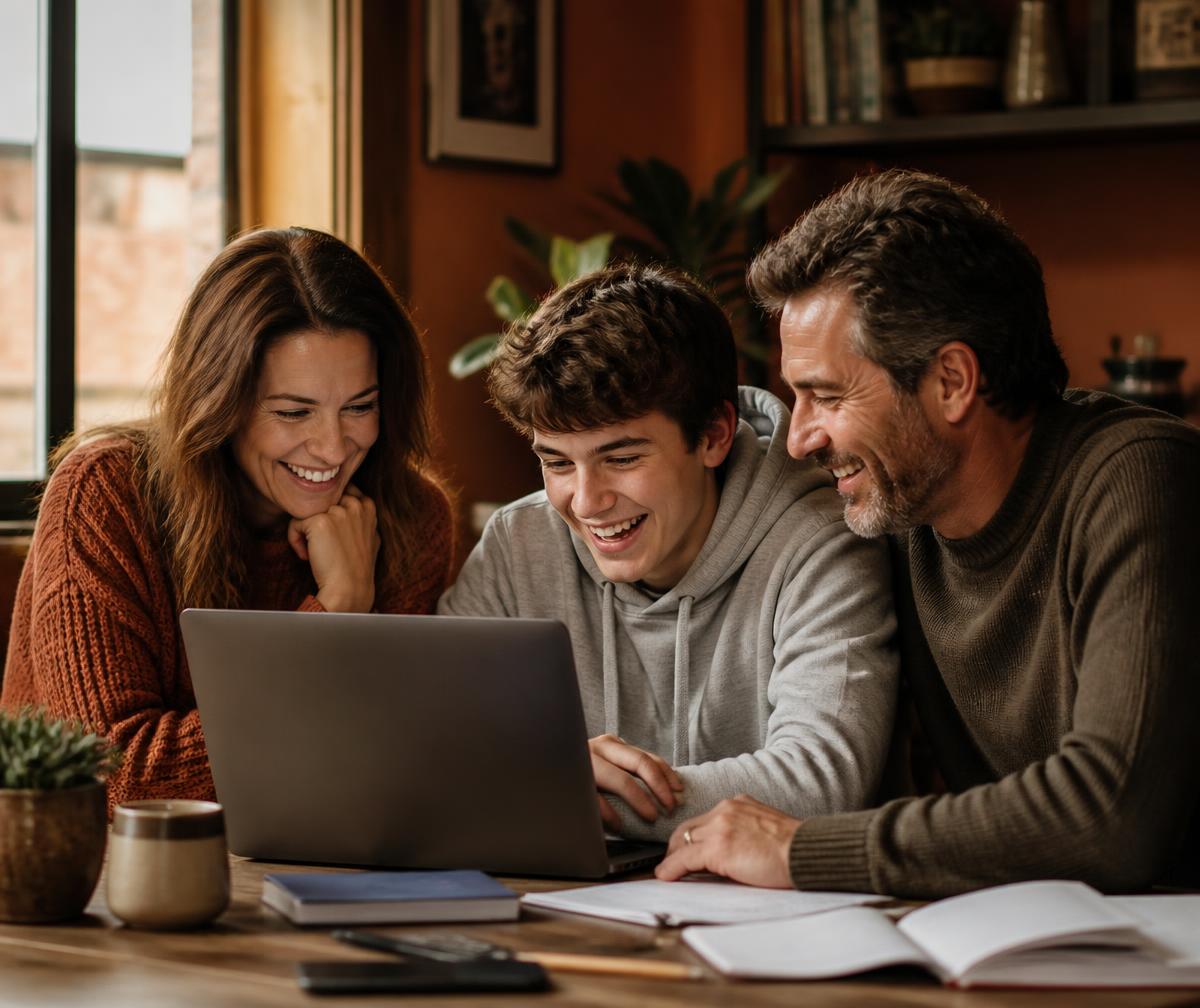 A family with two parents and a teenage son laughing while learning together on a laptop